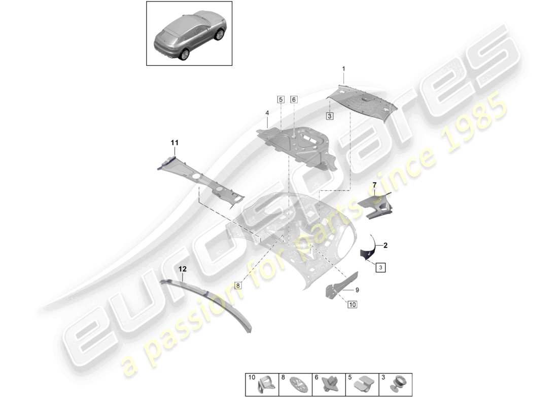 porsche 2021 (macan) dämpfung für motorraum ersatzteildiagramm