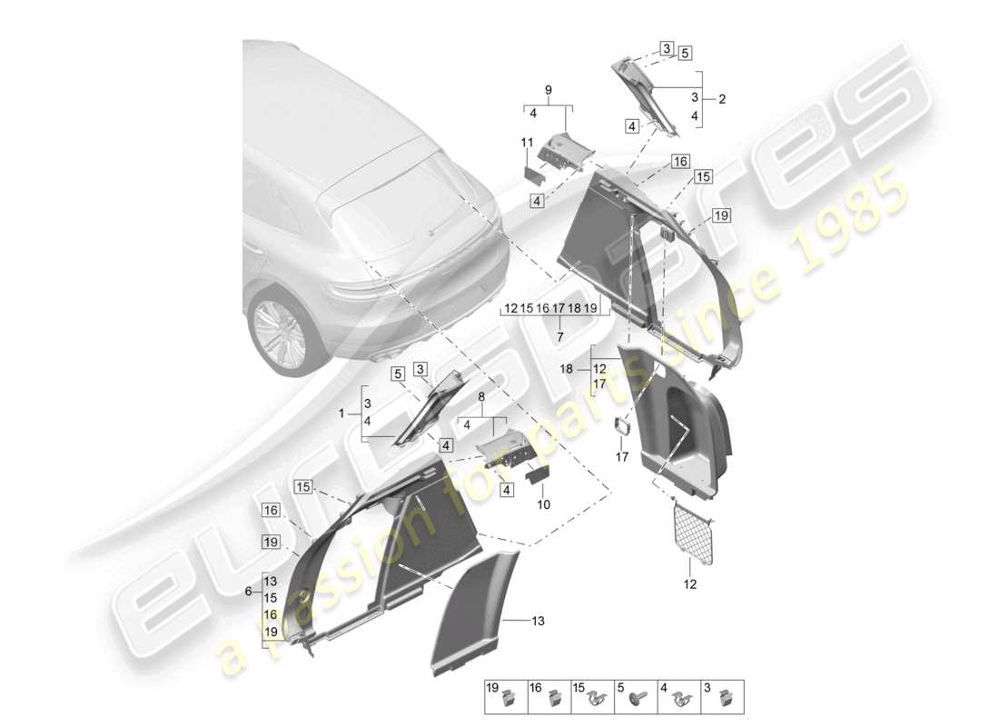 porsche 2021 (macan) verkleidungsseite für gepäckraum d-säule teilediagramm