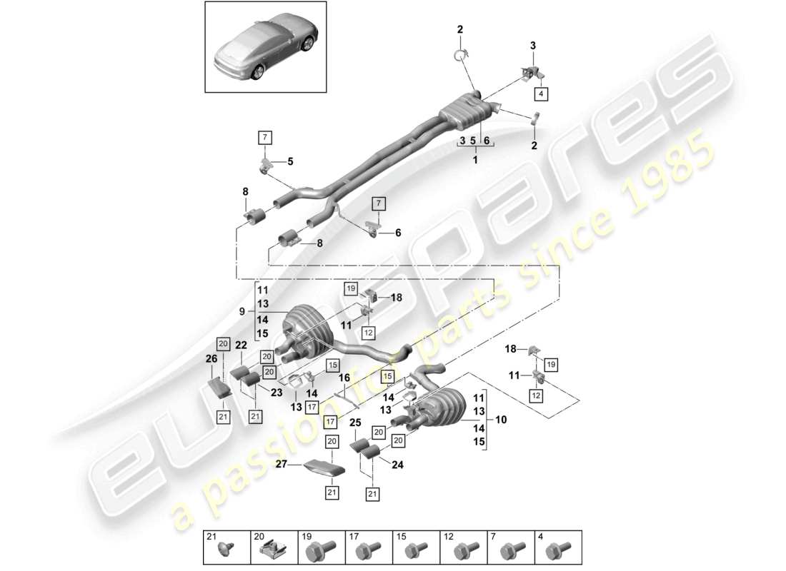 porsche 2021 (panamera 971-1) abgasanlage vorschalldämpfer nachschalldämpfer endrohr teilediagramm