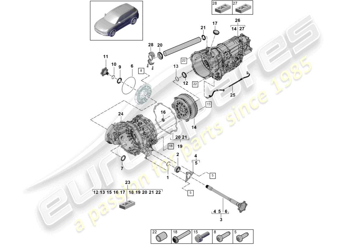 porsche 2022 (cayenne e3 9ya/9yb) 8-speed automatikgetriebe für fahrzeuge mit hybridantrieb flanschwelle wandler teilediagramm
