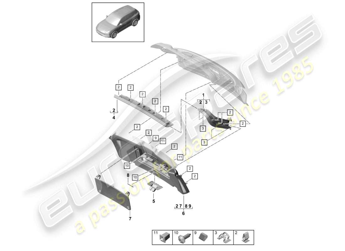 porsche 2022 (cayenne e3 9ya/9yb) zierleiste heckklappe teilediagramm