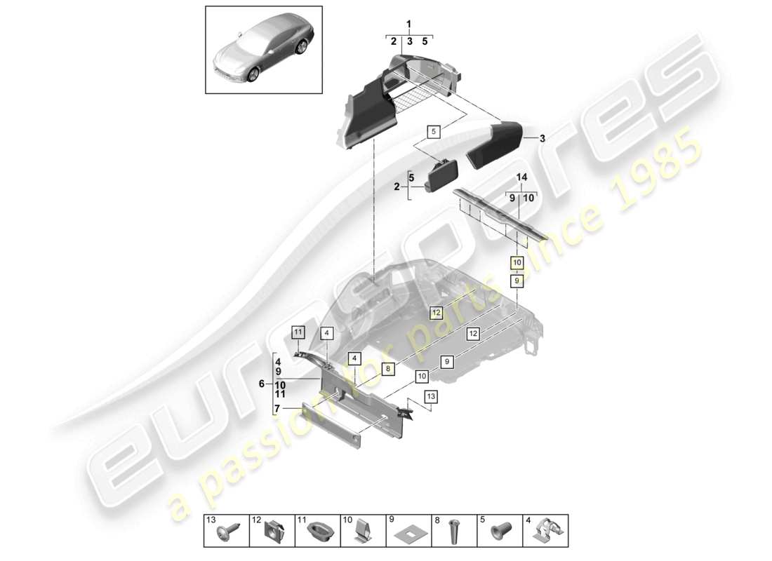 porsche 2021 (panamera 971-1) gepäckraumverkleidung seitlich, teilediagramm