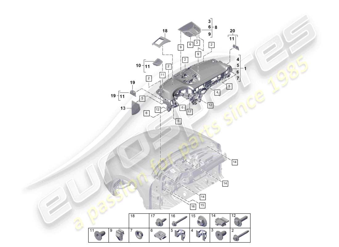 porsche 2025 (cayenne e3 pa) obere instrumententafelverkleidung und zubehörteilediagramm