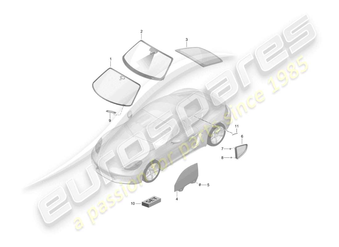 porsche 2023 (718 cayman) windschutzscheibe seitenfenster heckscheibe teilediagramm