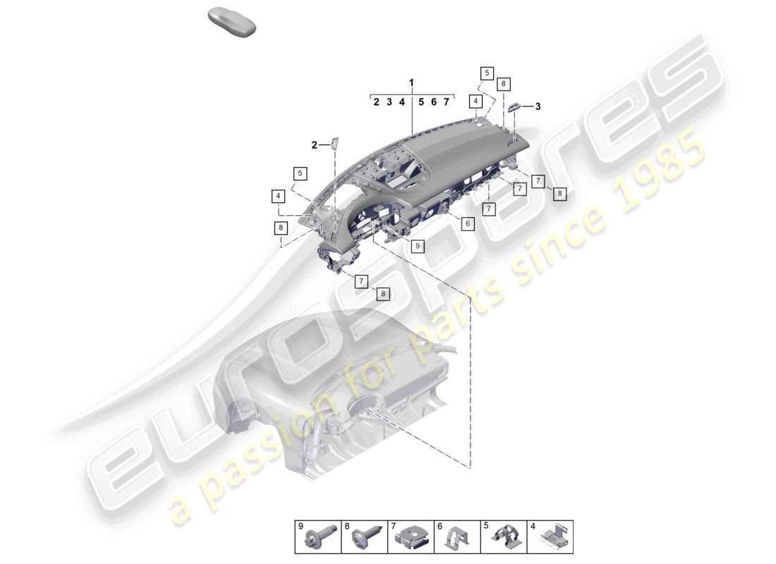 porsche 2025 (panamera 976) armaturenbrett oberteil mit: befestigungsmaterial teilediagramm