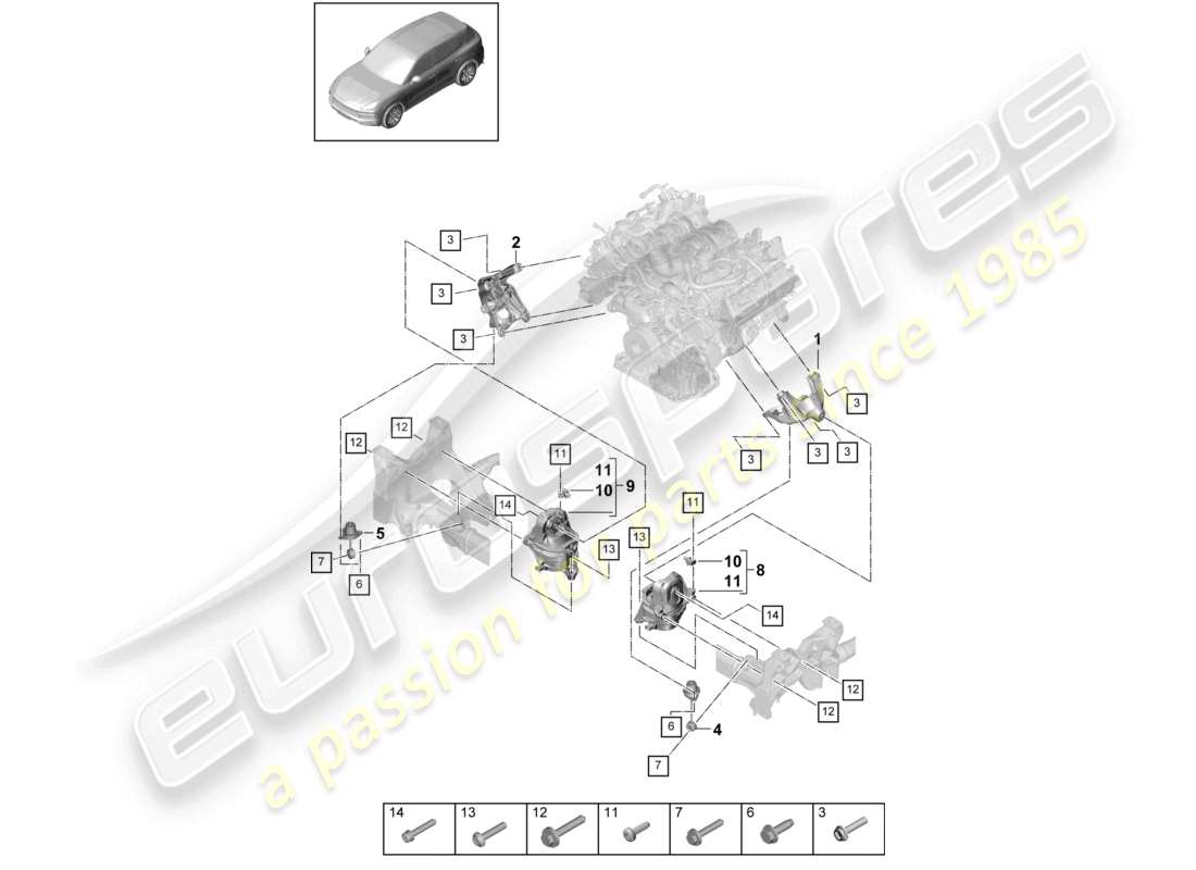 porsche 2024 (cayenne e3 9ya/9yb) motorhebevorrichtung unten konsole für motoraufhängung motoraufhängung teilediagramm