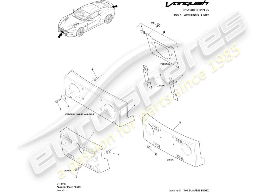 aston martin vanquish (2018) nummernschild-sockel teilediagramm
