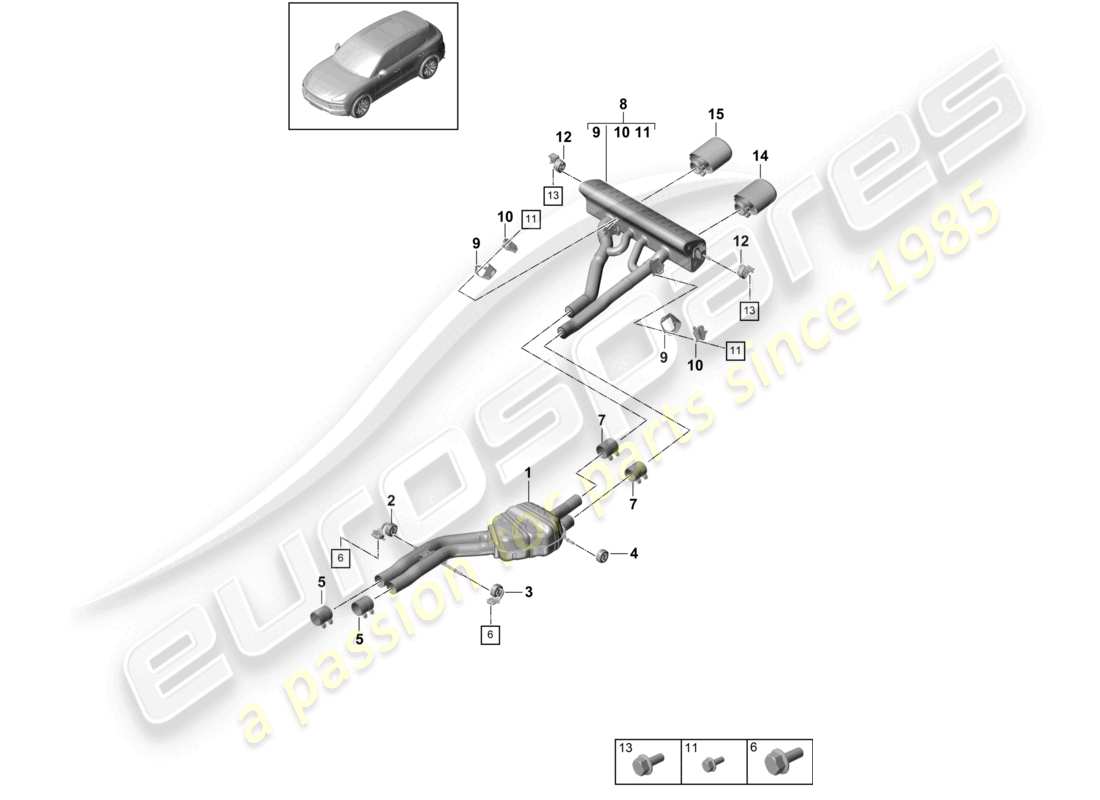 porsche 2023 (cayenne e3 9ya/9yb) abgasanlage sportversion vorschalldämpfer nachschalldämpfer endrohr teilediagramm