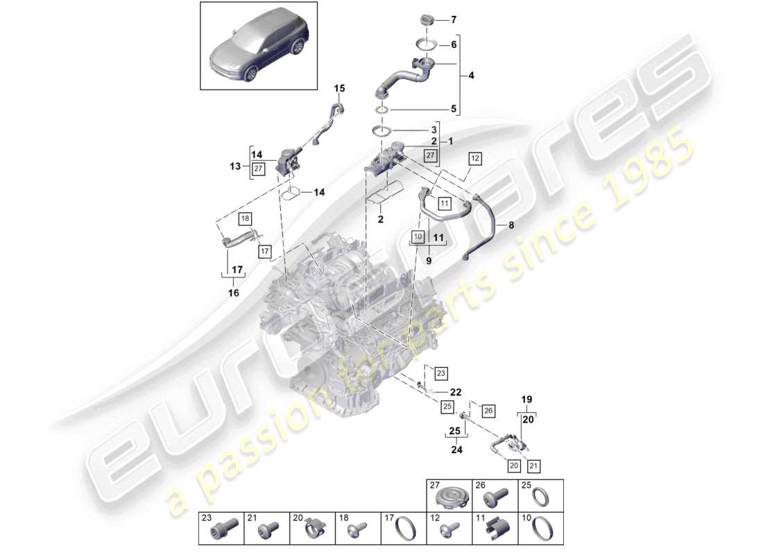 porsche 2023 (cayenne e3 9ya/9yb) entlüftung für zylinderblock-ölabscheider teilediagramm