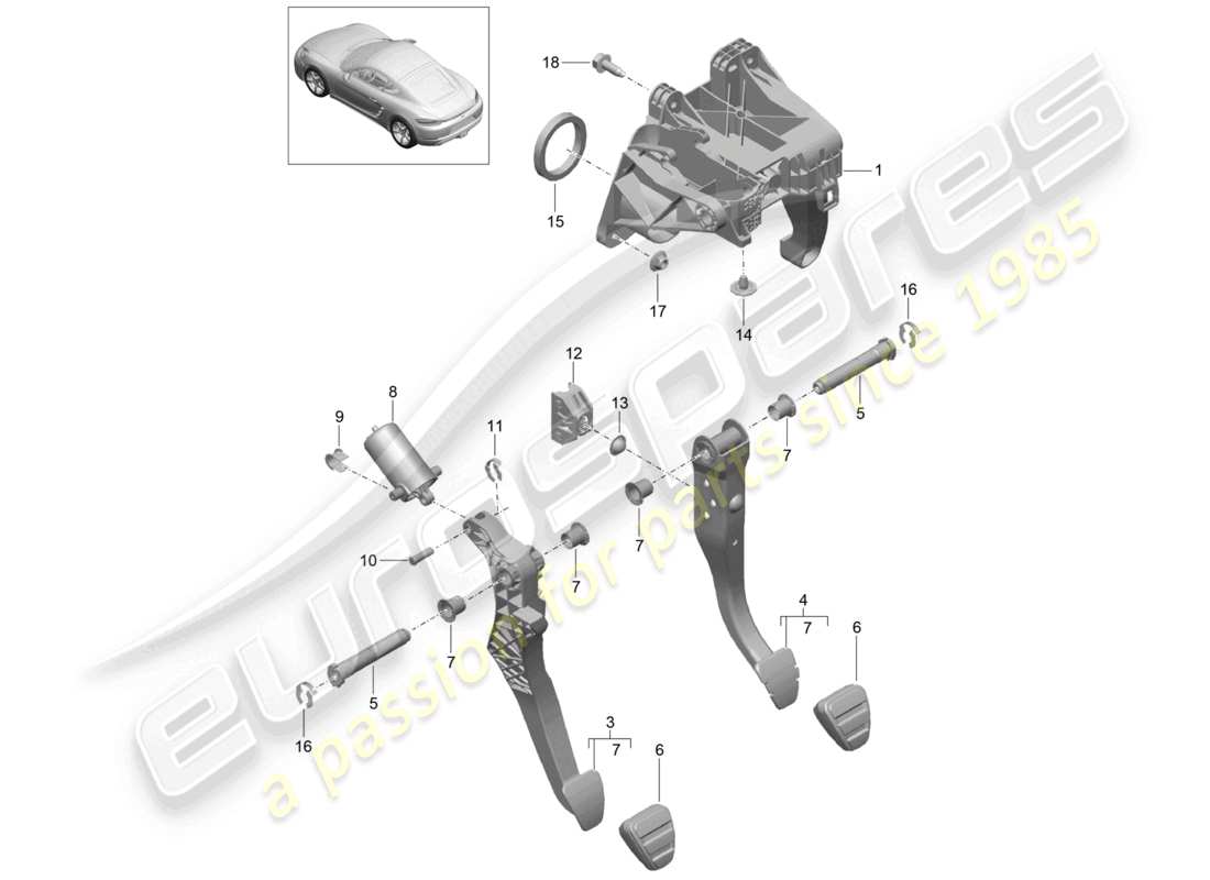 porsche 2025 (718 cayman) brems- und kupplungspedalgruppe teilediagramm