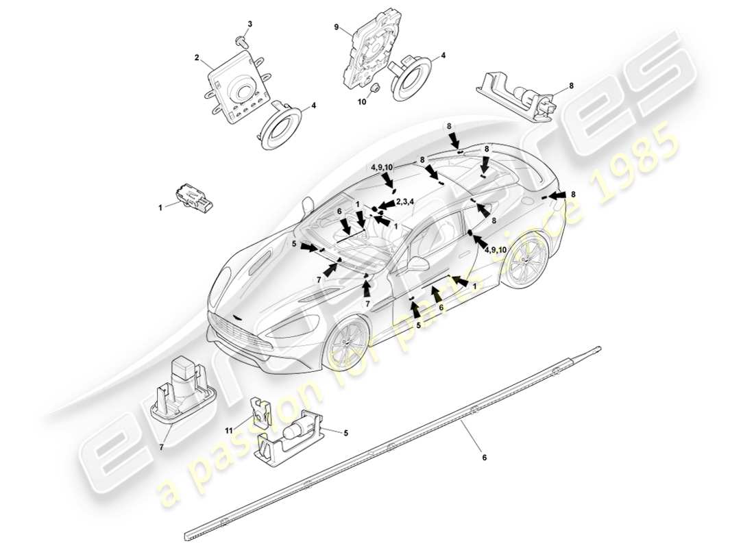 aston martin vanquish (2014) teilediagramm für innenbeleuchtung