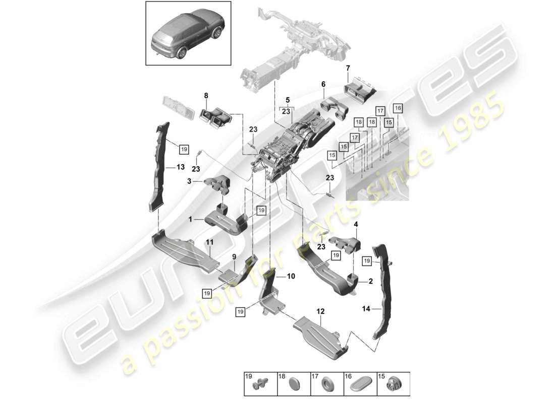 porsche 2023 (cayenne e3 9ya/9yb) luftführung klimaanlage fahrgastraum für fahrzeuge mit 2nd wärmetauscher ersatzteildiagramm
