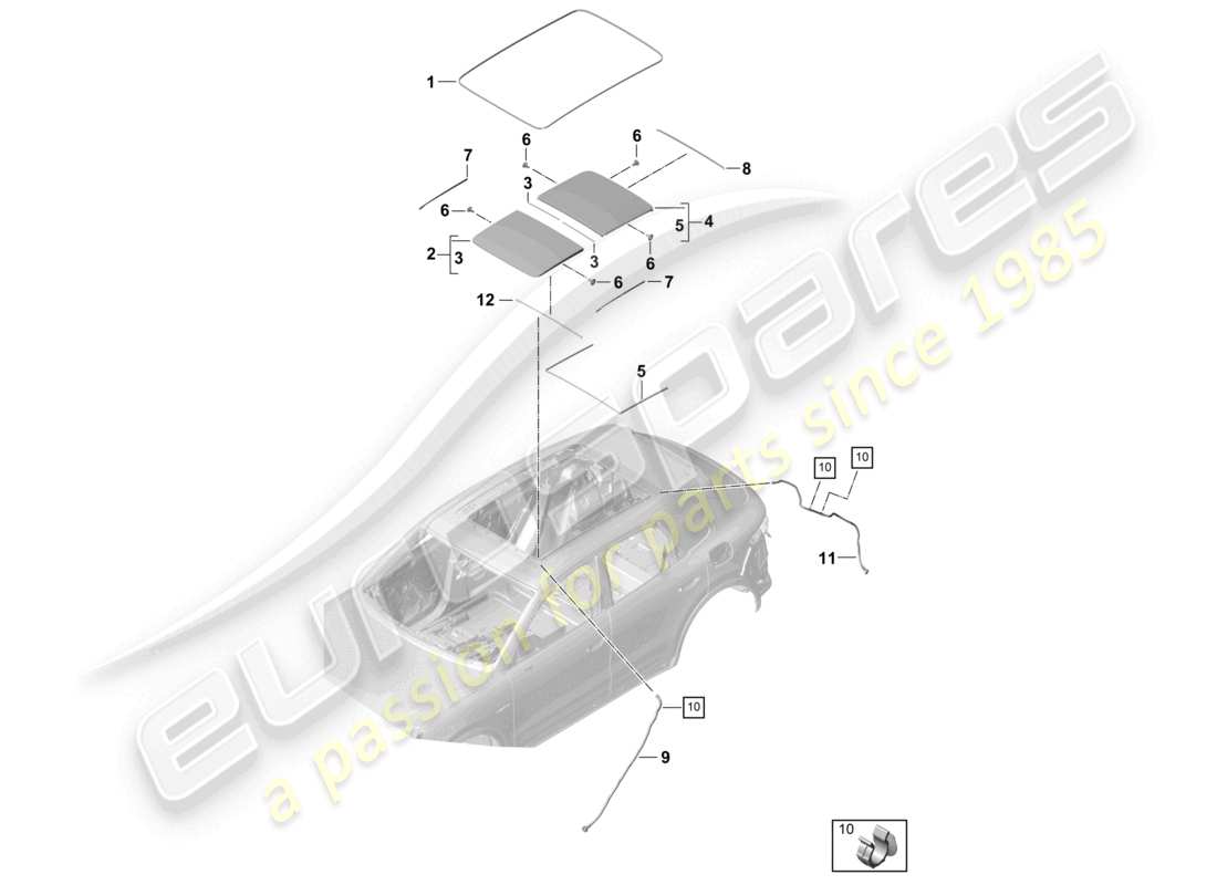 porsche 2022 (cayenne e3 9ya/9yb) glasdach zubehör abdeckung wasserablaufschlauch teilediagramm