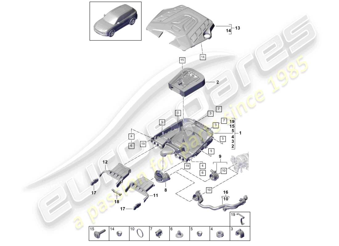porsche 2023 (cayenne e3 9ya/9yb) luftfilter mit anschlussteilen motorabdeckung teilediagramm