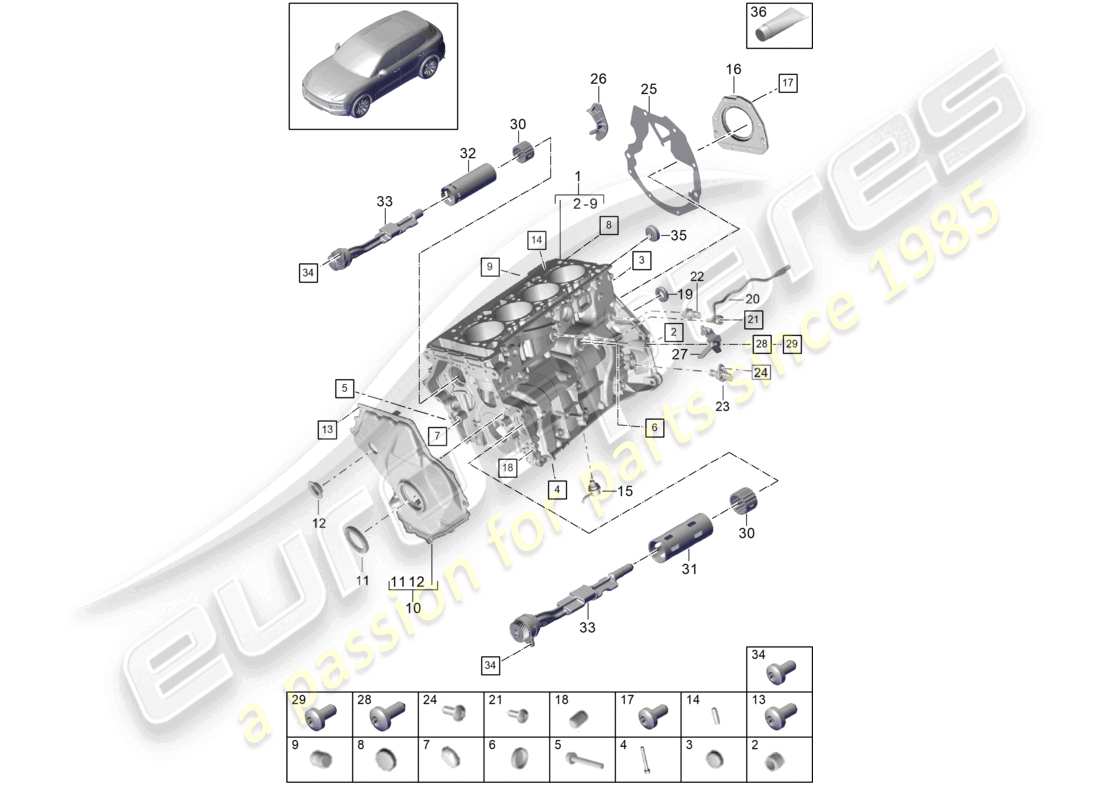 porsche 2022 (cayenne e3 9ya/9yb) kurbelgehäuse einzelteile teilediagramm