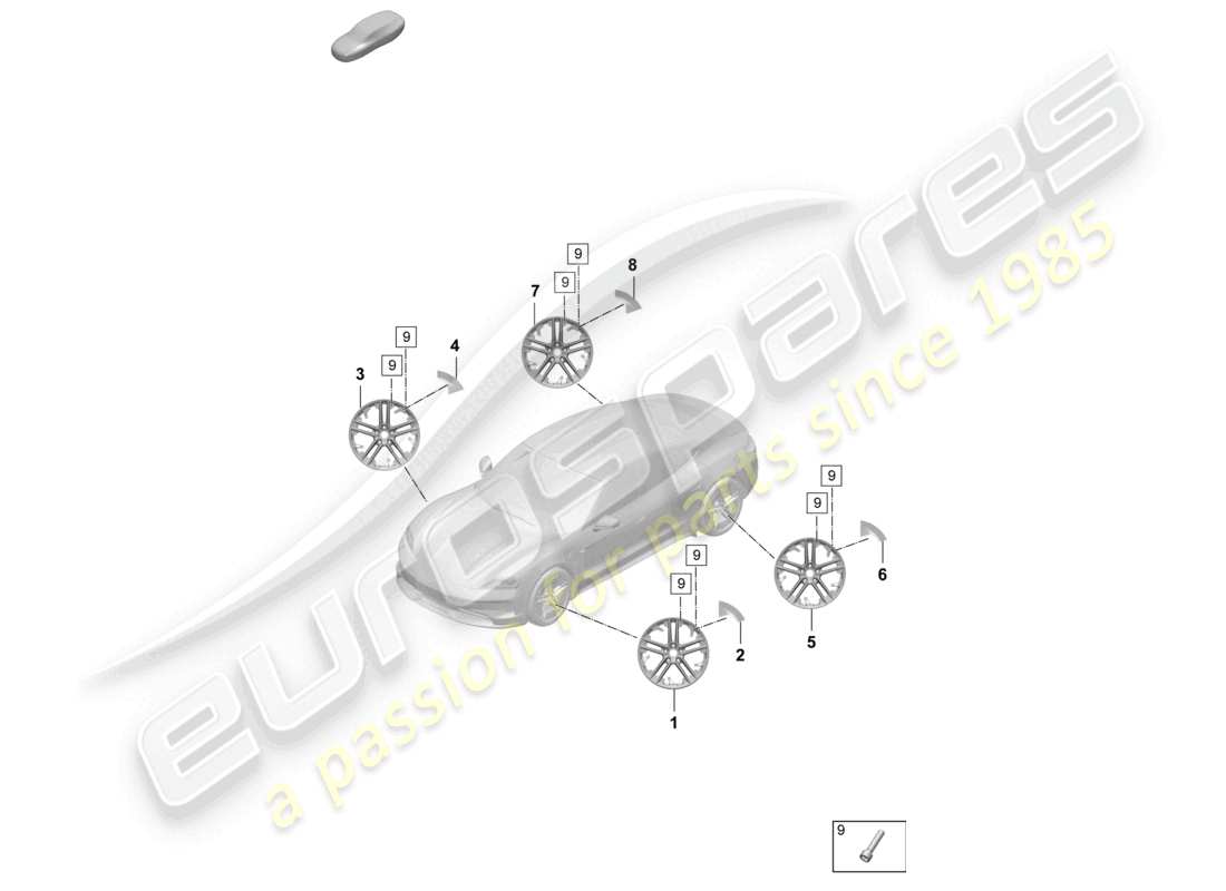 porsche 2025 (taycan 9j1-2) leichtmetallrad 21 ersatzteildiagramm