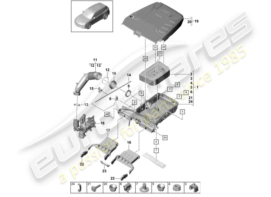 porsche 2024 (cayenne e3 9ya/9yb) luftfilter mit anschlussteilen motorabdeckung teilediagramm