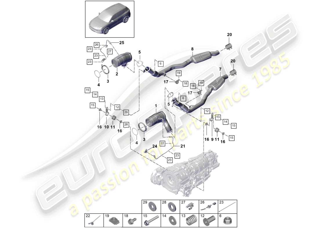 porsche 2023 (cayenne e3 9ya/9yb) abgasanlage katalysator ottopartikelfilter lambdasonde teilediagramm