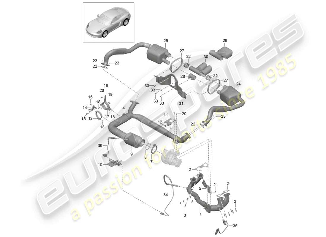 porsche 2025 (718 cayman) abgasanlage schalldämpfer katalysator teilediagramm