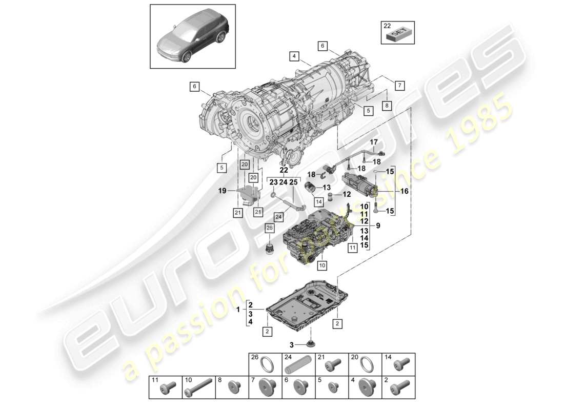 porsche 2023 (cayenne e3 9ya/9yb) 8-speed automatikgetriebe für allradantrieb mechatronik mit software ölpumpe getriebeölkühler getriebeölwanne teilediagramm