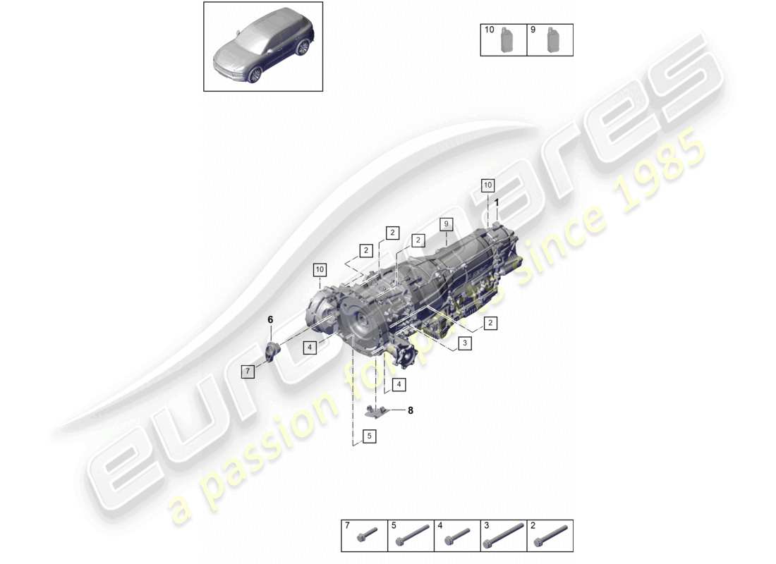 porsche 2024 (cayenne e3 9ya/9yb) 8-speed automatikgetriebe für fahrzeuge mit hybridantrieb anbauteile für motor und getriebe teilediagramm