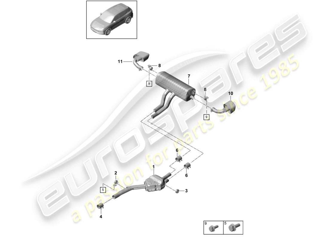 porsche 2024 (cayenne e3 9ya/9yb) abgasanlage vorschalldämpfer nachschalldämpfer endrohr teilediagramm