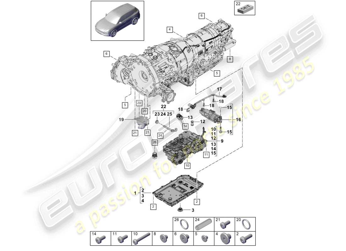 porsche 2024 (cayenne e3 9ya/9yb) 8-speed automatikgetriebe für fahrzeuge mit hybridantrieb mechatronik mit software ölpumpe getriebeölkühler getriebeölwanne ersatzteilzeichnung