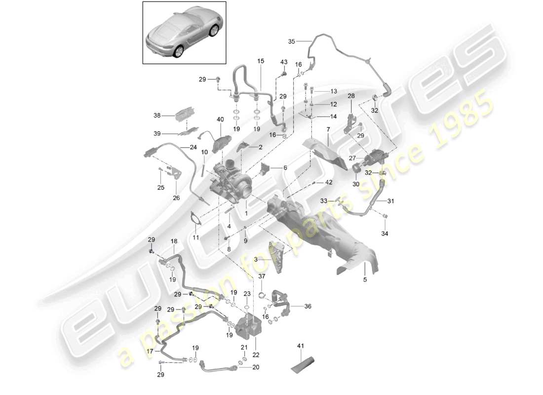 porsche 2024 (718 cayman) abgasturbolader mit: wärmedämmung ölleitung kühlmittelleitung teilediagramm
