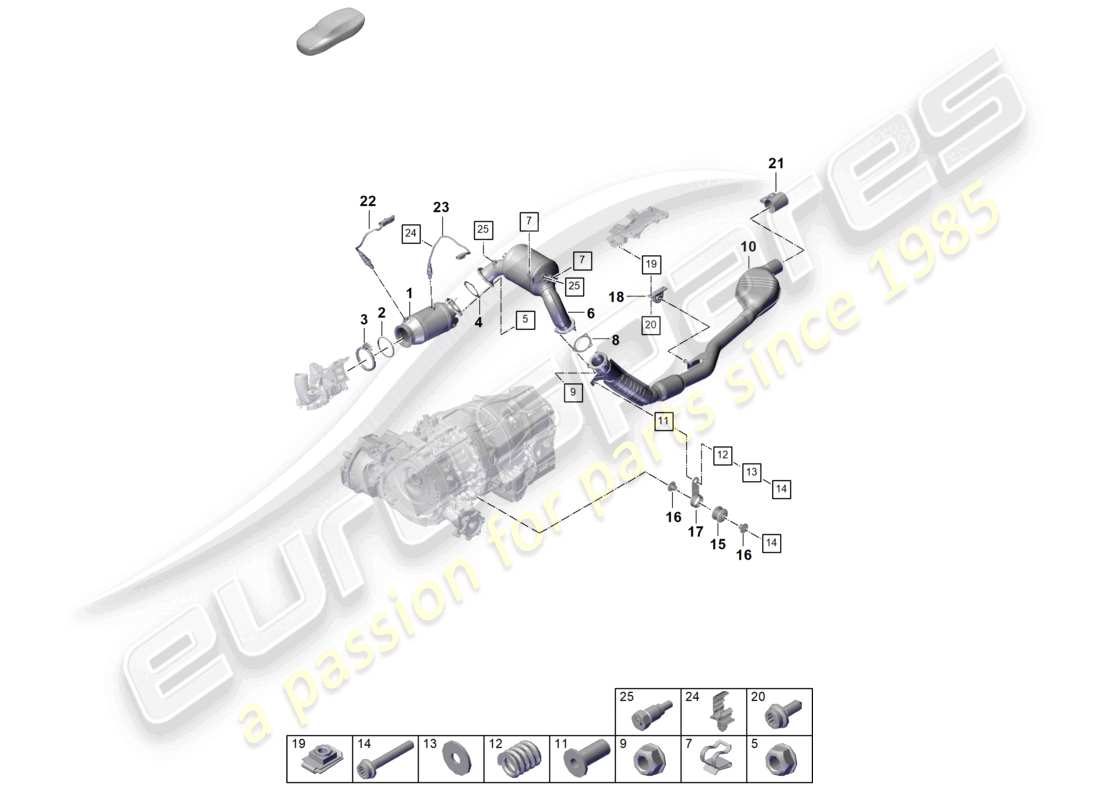 porsche 2025 (cayenne e3 pa) abgasanlage katalysator mit ottopartikelfilter abgasrohr mit vorschalldämpfer lambdasonde teilediagramm