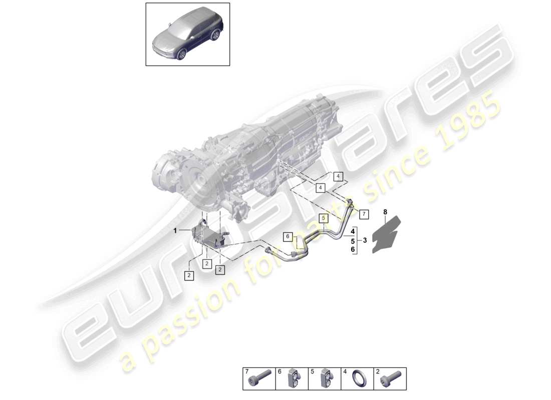 porsche 2024 (cayenne e3 9ya/9yb) 8-speed automatikgetriebe für fahrzeuge mit hybridantrieb getriebeölkühler ölleitung teilediagramm