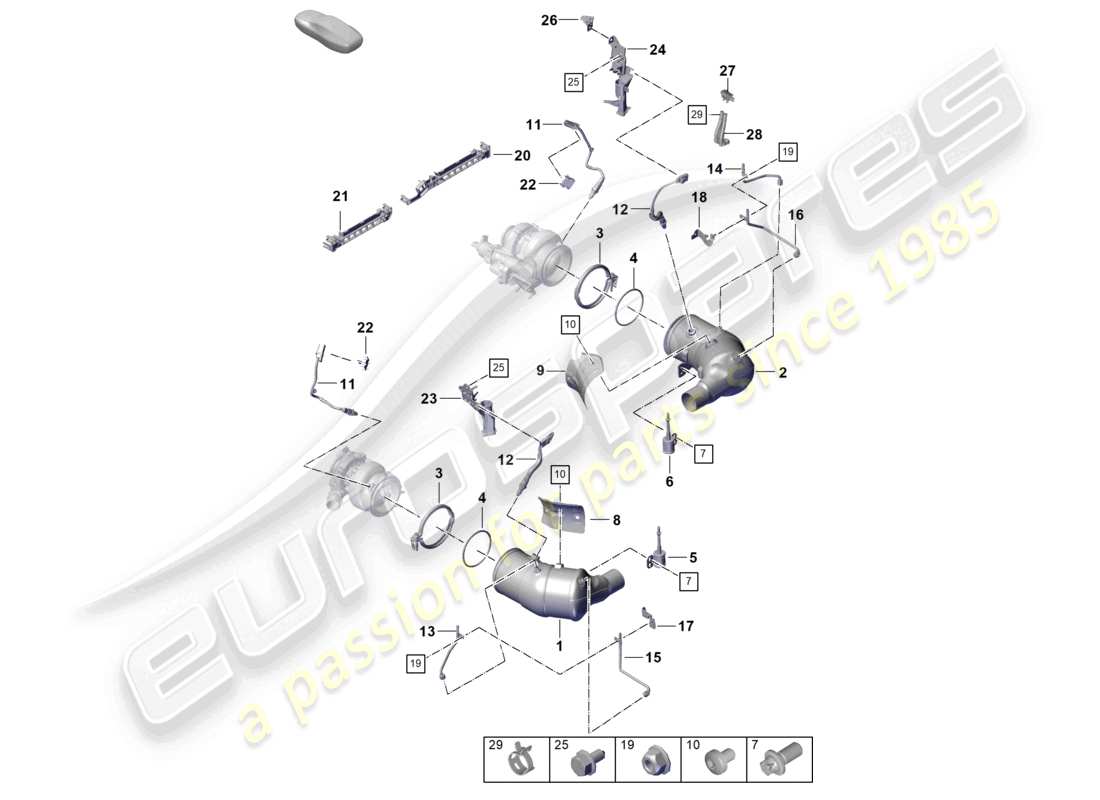 porsche 2020 (992-1 turbo / s) katalysator benzinpartikelfilter befestigungen und sensoren teilediagramm