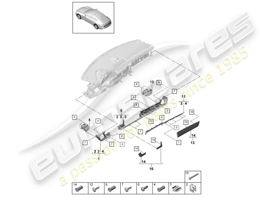 porsche 2021 (panamera 971-1) zubehör armaturenbrettverkleidung vorne teilediagramm