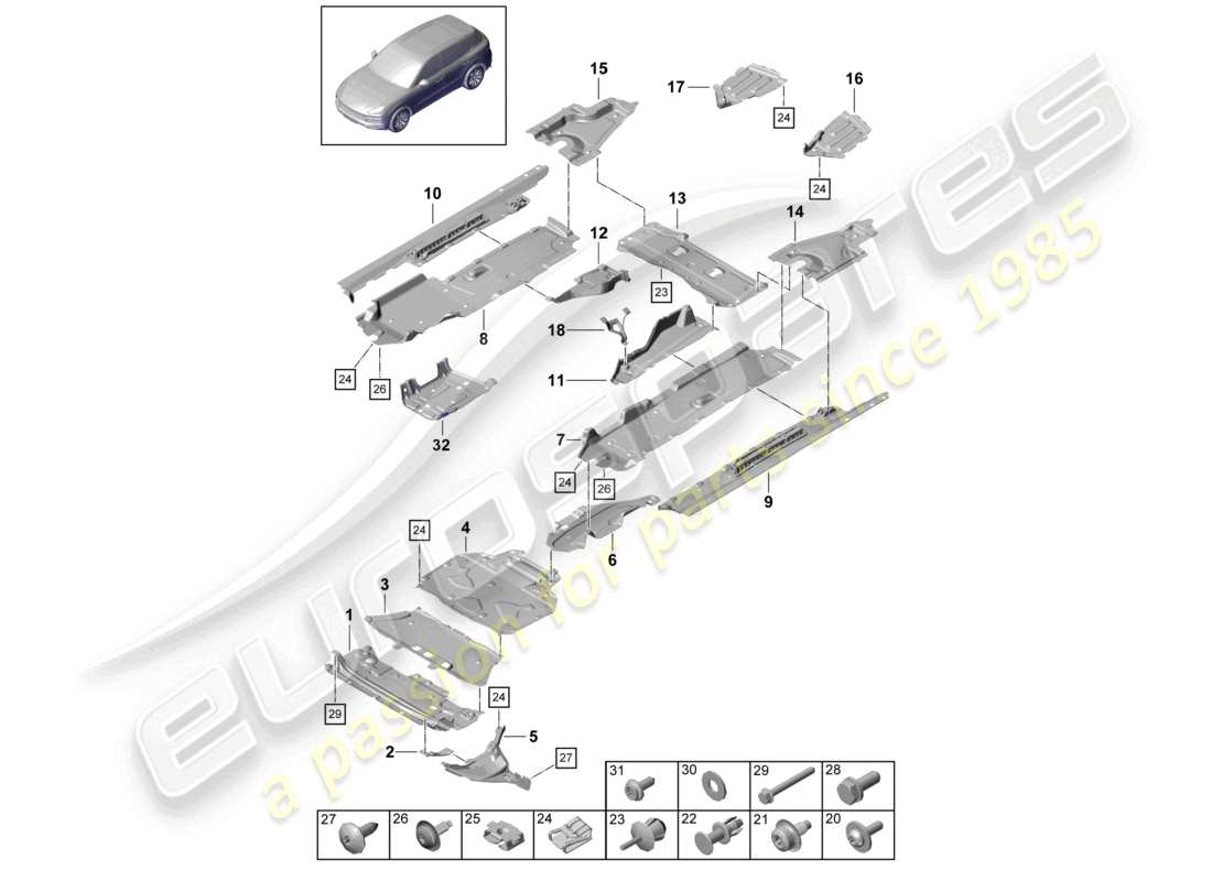porsche 2023 (cayenne e3 9ya/9yb) zierleiste unterbodenverkleidung teilediagramm