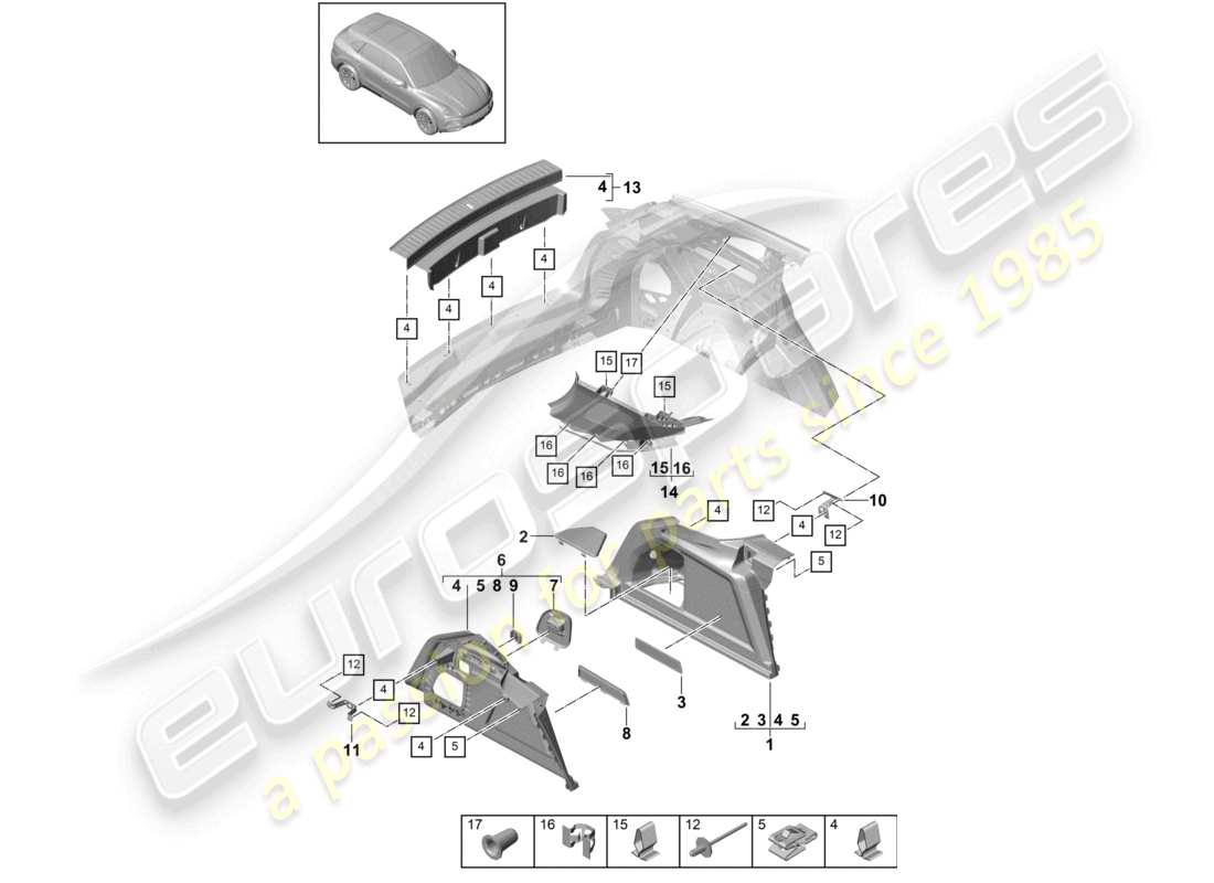 porsche 2023 (cayenne e3 9ya/9yb) kofferraumverkleidung seitliche d-säulenverkleidung teilediagramm