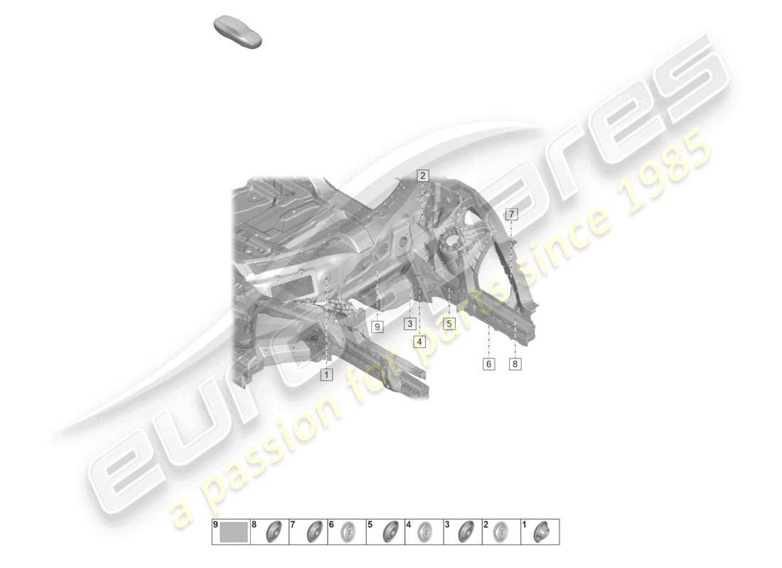 porsche 2022 (taycan 9j1-1) vorderes ende, inneres seitenteil, firewall, teilediagramm
