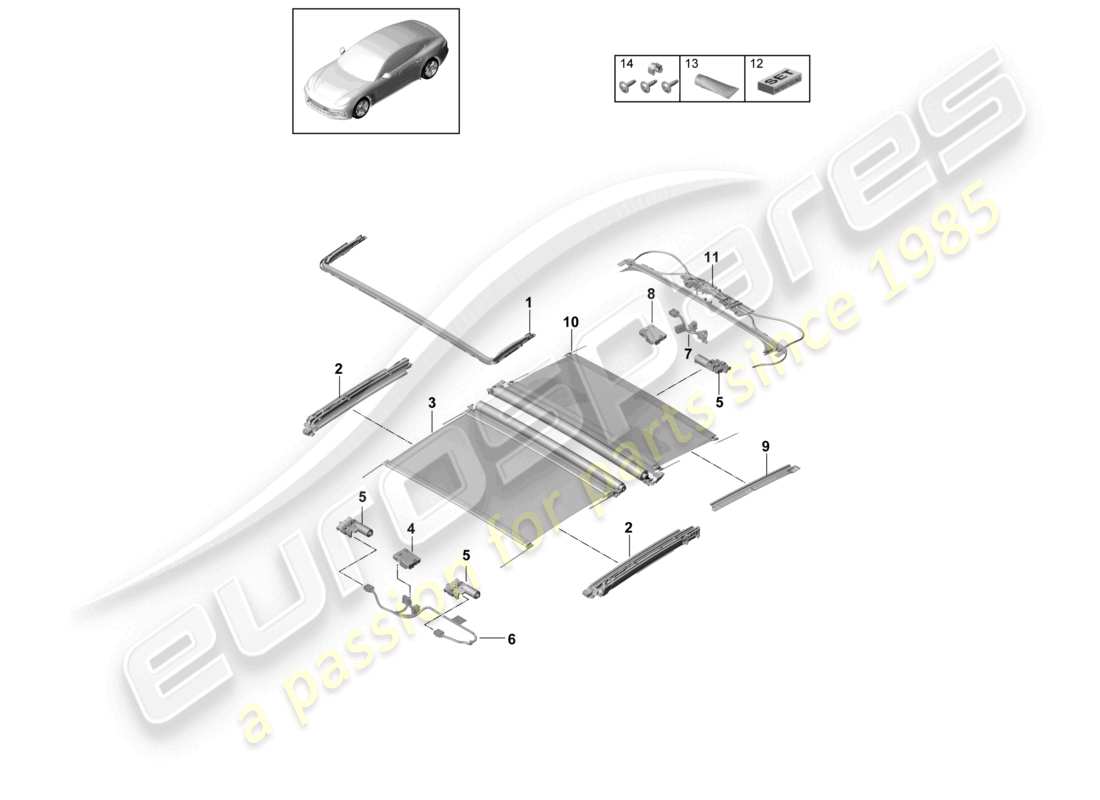 porsche 2021 (panamera 971-1) glasschiebedach zubehör teilediagramm