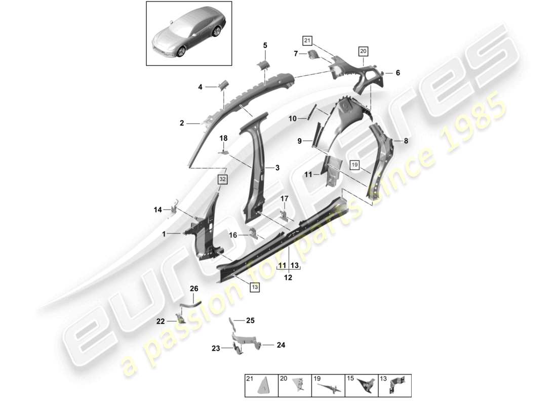 porsche 2021 (panamera 971-1) seitenteil innen außen teilediagramm