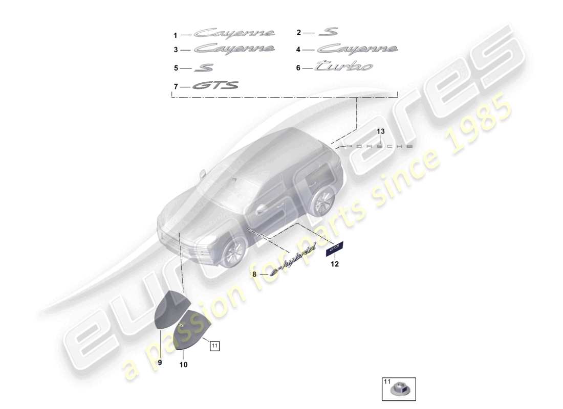 porsche 2025 (cayenne e3 pa) beschriftungen/schriftzüge vorn und hinten porsche wappenseite außen ersatzteilzeichnung