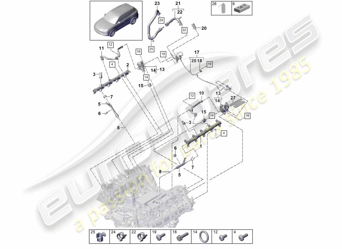 porsche 2022 (cayenne e3 9ya/9yb) kraftstoffsammelleitung hochdruckeinspritzdüse hochdruckpumpe teilediagramm