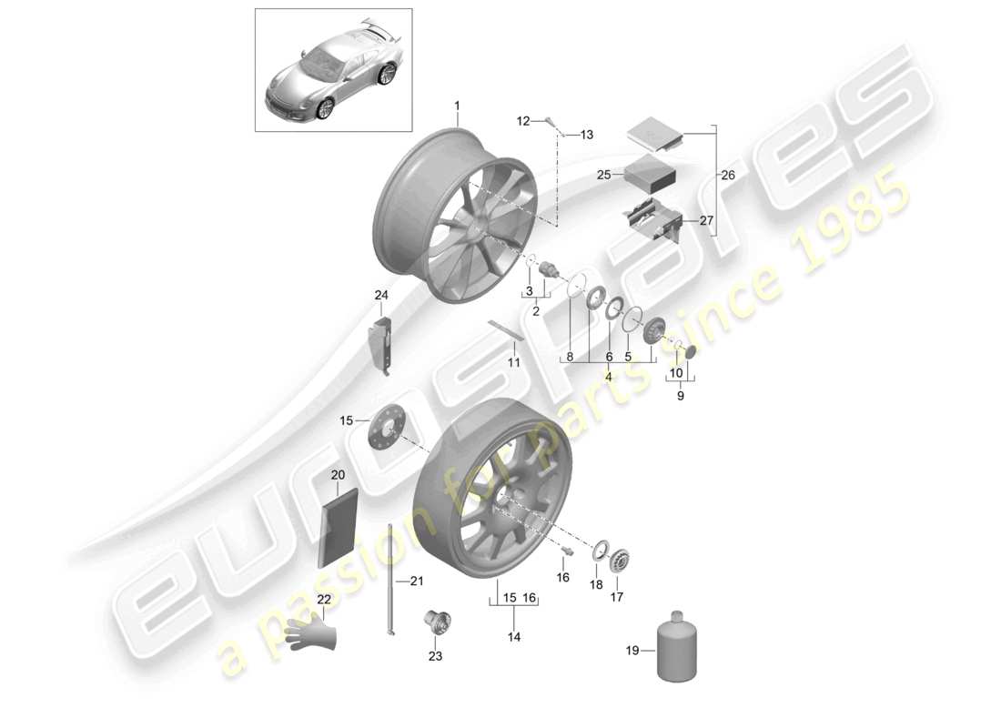 porsche 2021 (991-2 r/gt3/rs) alufelge zentralverriegelung d - mj 2018>> ersatzteildiagramm