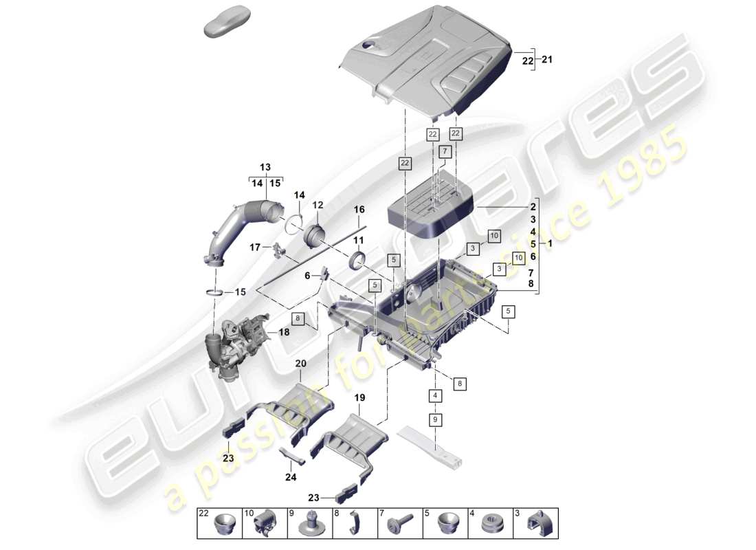 porsche 2024 (cayenne e3 pa) luftfilter mit anschlussteilen motorabdeckung teilediagramm