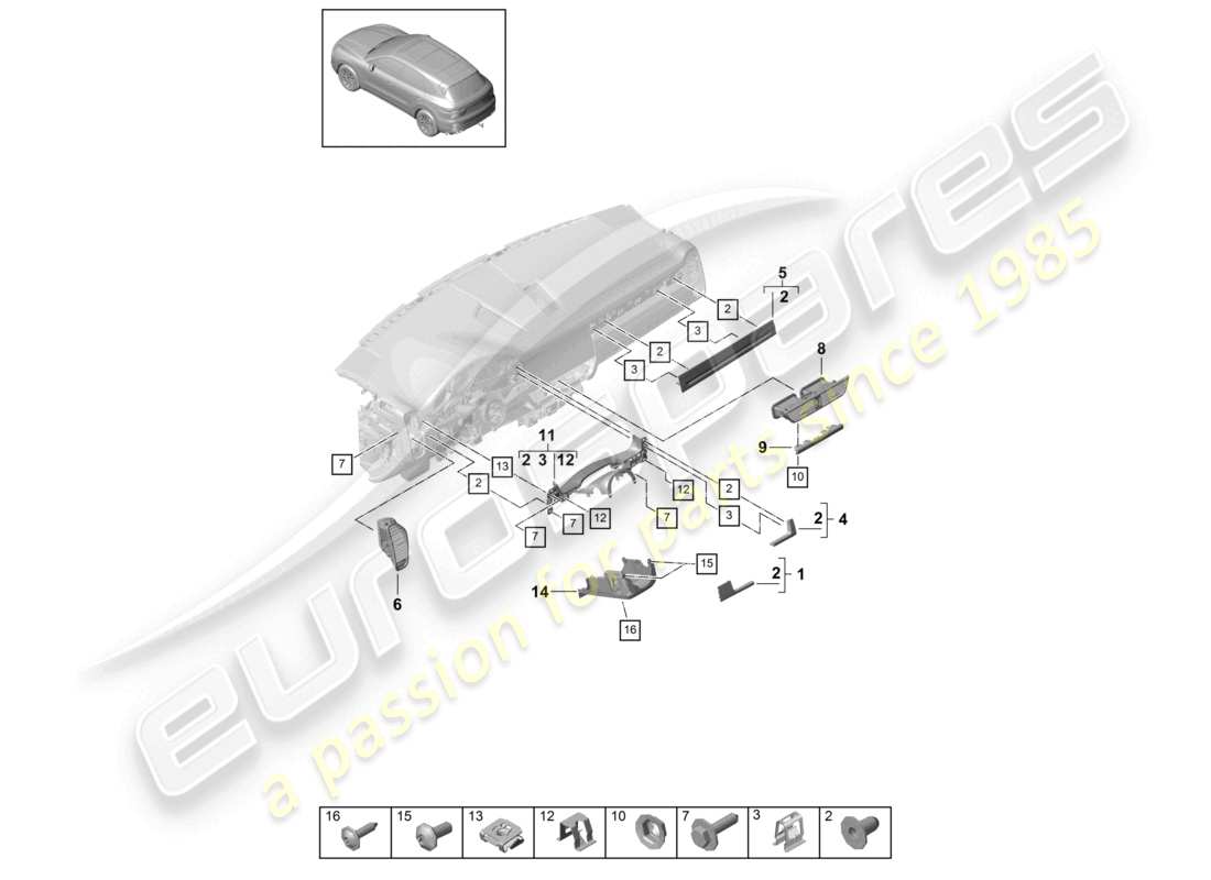 porsche 2023 (cayenne e3 9ya/9yb) instrumententafelverkleidung vorne zubehör teilediagramm