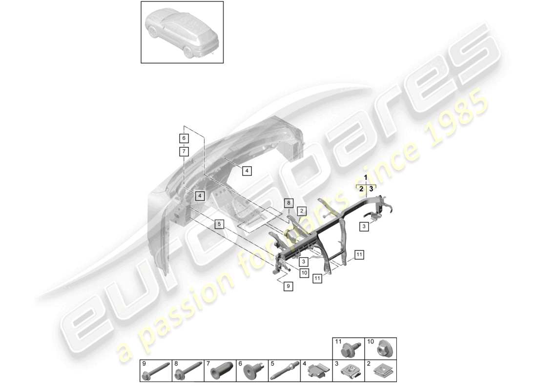 porsche 2022 (cayenne e3 9ya/9yb) halterahmen instrumententafelverkleidung teilediagramm