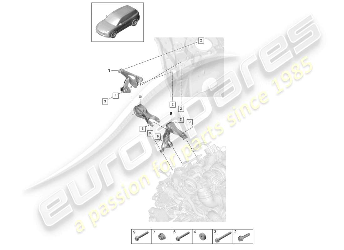 porsche 2022 (cayenne e3 9ya/9yb) motorhebevorrichtung oben motorhalterung teilediagramm