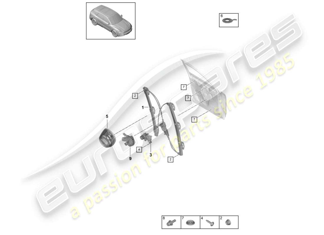 porsche 2023 (cayenne e3 9ya/9yb) fensterheber vorne montageträger teilediagramm