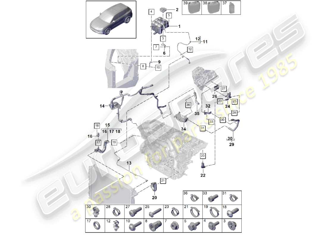 porsche 2022 (cayenne e3 9ya/9yb) kühlmittelkühlsystem kühlmittelausgleichsbehälter kühlmittelleitung teilediagramm