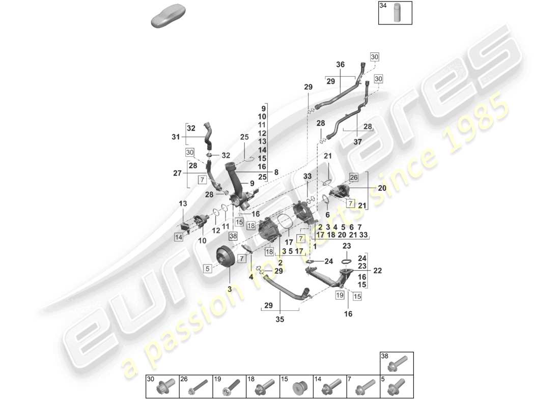 porsche 2023 (992-1) kühlmittelpumpenthermostat thermostatgehäuse teilediagramm