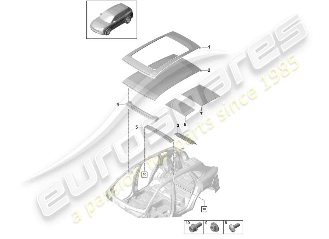 porsche 2022 (cayenne e3 9ya/9yb) teilediagramm dachfenster