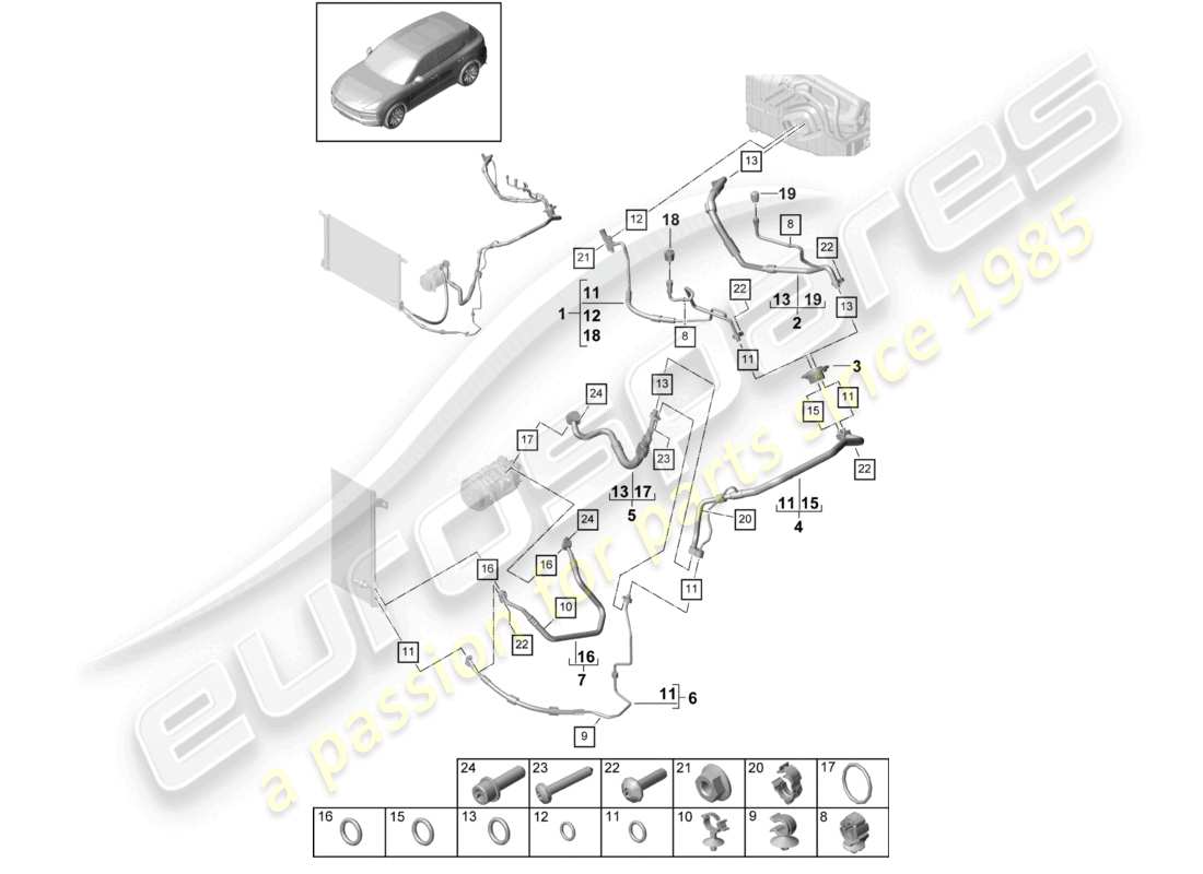 porsche 2022 (cayenne e3 9ya/9yb) klimaanlage kältemittelleitung v8 r1234yf teilediagramm
