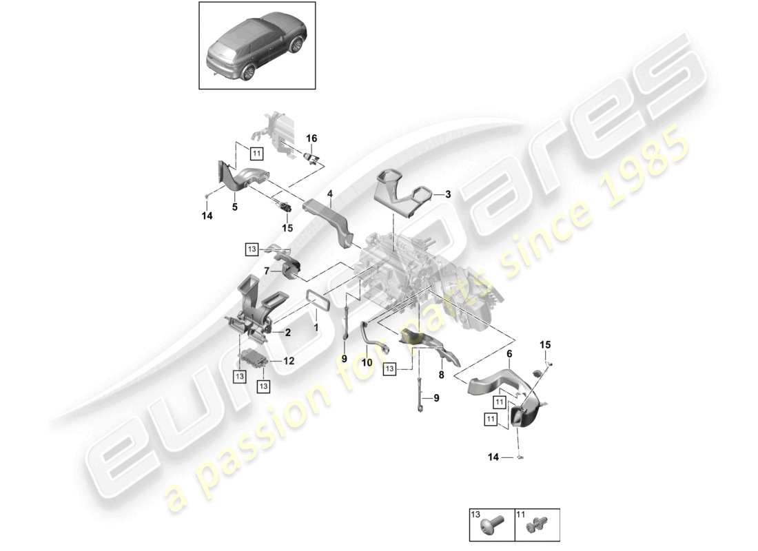 porsche 2022 (cayenne e3 9ya/9yb) luftführung klimaanlage armaturenbrett teilediagramm